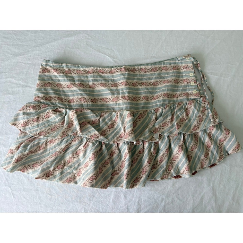 American‎ Eagle Womens Blue Pink Floral Striped Tiered Ruffle Tie Micro Skirt 14